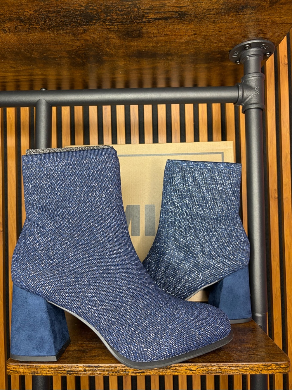 MIA Navy Knit Block Heel Ankle Boots